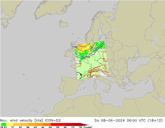 Windböen ICON-D2 Sa 08.06.2024 06 UTC