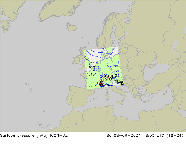 Presión superficial ICON-D2 sáb 08.06.2024 18 UTC