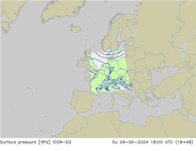 Pressione al suolo ICON-D2 dom 09.06.2024 18 UTC