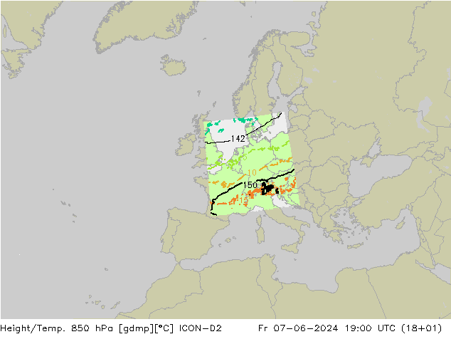 Height/Temp. 850 hPa ICON-D2 Fr 07.06.2024 19 UTC