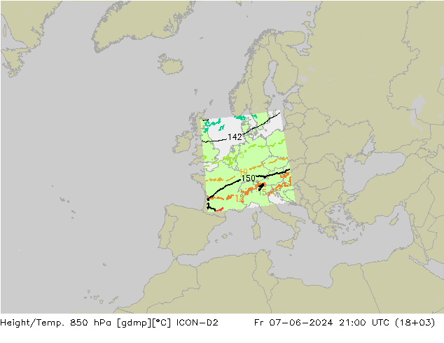 Height/Temp. 850 hPa ICON-D2 ven 07.06.2024 21 UTC