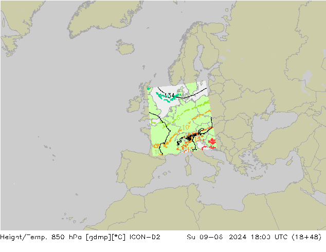 Height/Temp. 850 hPa ICON-D2 dom 09.06.2024 18 UTC