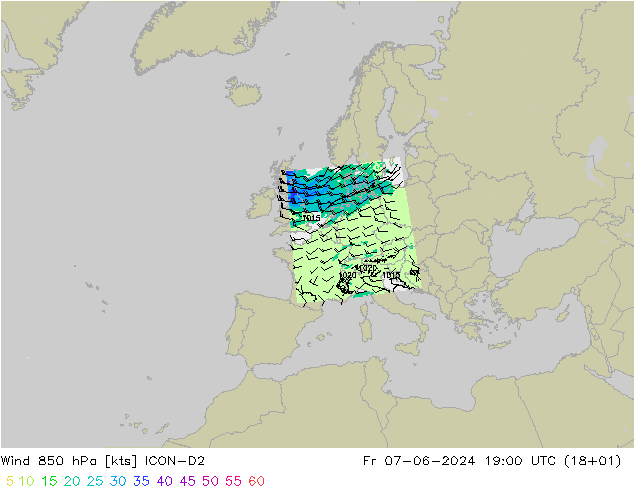 Rüzgar 850 hPa ICON-D2 Cu 07.06.2024 19 UTC