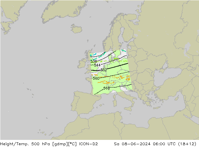 Hoogte/Temp. 500 hPa ICON-D2 za 08.06.2024 06 UTC