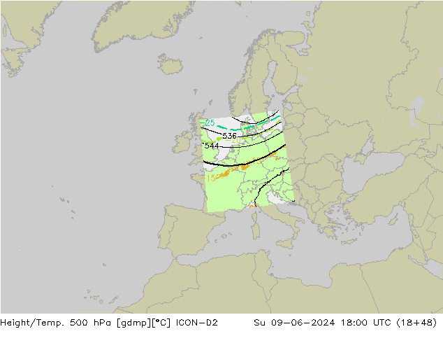 Hoogte/Temp. 500 hPa ICON-D2 zo 09.06.2024 18 UTC