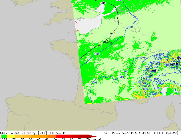 Max. wind velocity ICON-D2 Su 09.06.2024 09 UTC