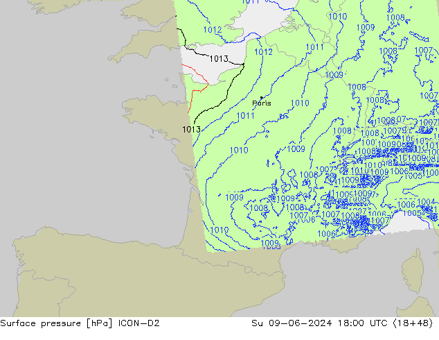 Luchtdruk (Grond) ICON-D2 zo 09.06.2024 18 UTC