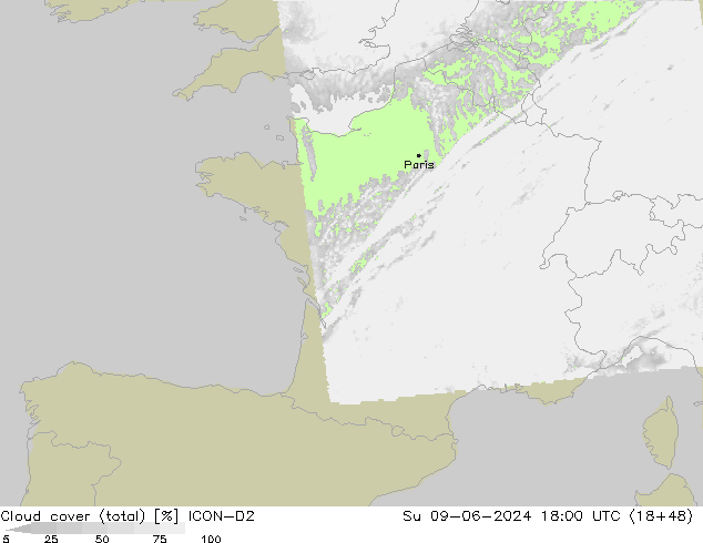 Cloud cover (total) ICON-D2 Su 09.06.2024 18 UTC