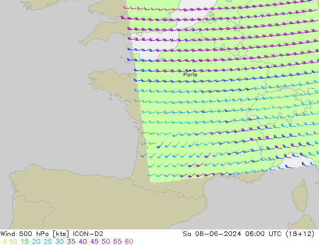 Wind 500 hPa ICON-D2 za 08.06.2024 06 UTC