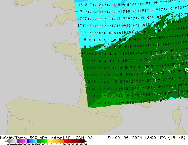 Height/Temp. 500 hPa ICON-D2  09.06.2024 18 UTC