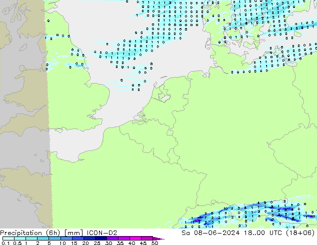 осадки (6h) ICON-D2 сб 08.06.2024 00 UTC
