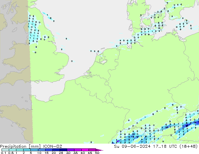 Srážky ICON-D2 Ne 09.06.2024 18 UTC