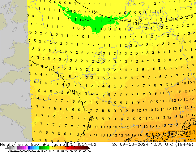 Height/Temp. 850 hPa ICON-D2 Su 09.06.2024 18 UTC