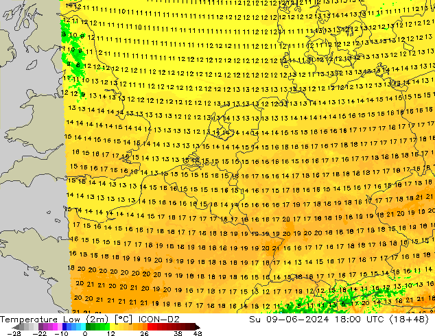Nejnižší teplota (2m) ICON-D2 Ne 09.06.2024 18 UTC