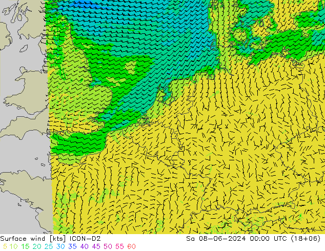 Vent 10 m ICON-D2 sam 08.06.2024 00 UTC