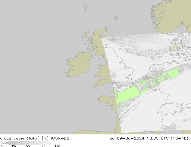 Nuages (total) ICON-D2 dim 09.06.2024 18 UTC