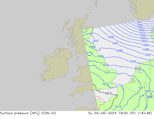 Luchtdruk (Grond) ICON-D2 zo 09.06.2024 18 UTC