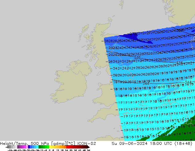 Hoogte/Temp. 500 hPa ICON-D2 zo 09.06.2024 18 UTC