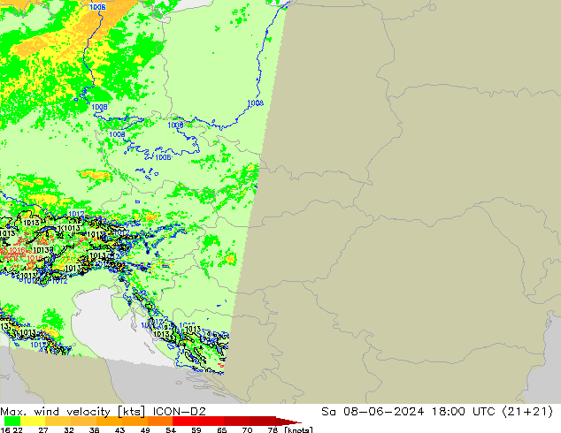 Max. wind velocity ICON-D2 so. 08.06.2024 18 UTC