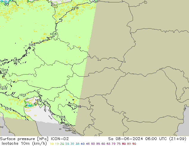 Eşrüzgar Hızları (km/sa) ICON-D2 Cts 08.06.2024 06 UTC