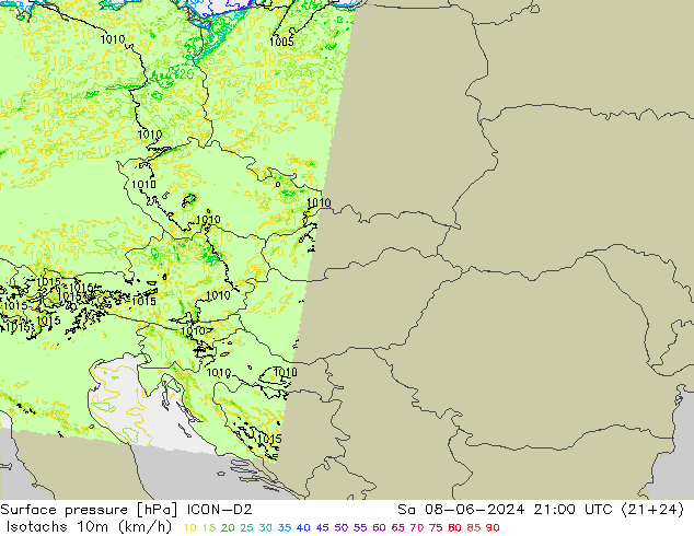 Isotachen (km/h) ICON-D2 za 08.06.2024 21 UTC