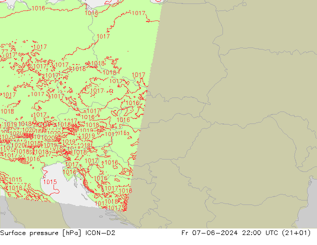 Surface pressure ICON-D2 Fr 07.06.2024 22 UTC