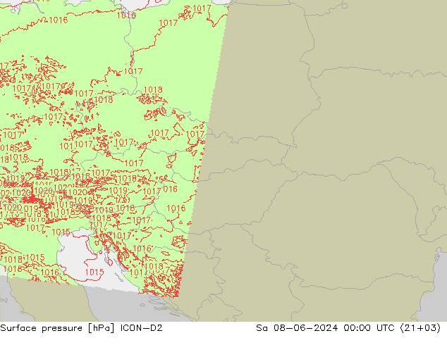 Presión superficial ICON-D2 sáb 08.06.2024 00 UTC