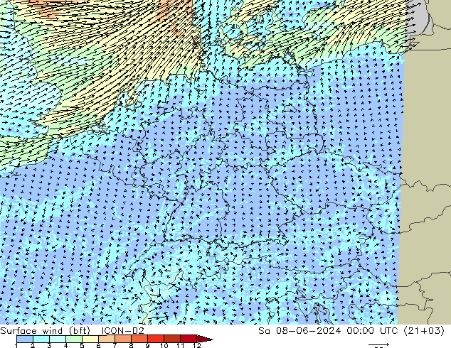Surface wind (bft) ICON-D2 Sa 08.06.2024 00 UTC