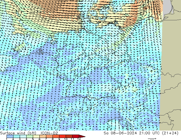wiatr 10 m (bft) ICON-D2 so. 08.06.2024 21 UTC