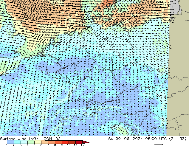 Wind 10 m (bft) ICON-D2 zo 09.06.2024 06 UTC