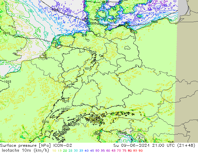 Isotachs (kph) ICON-D2  09.06.2024 21 UTC