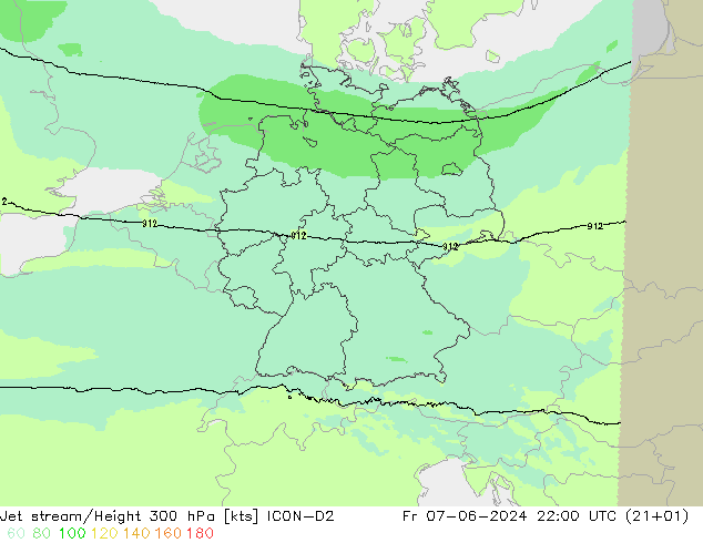 Jet stream/Height 300 hPa ICON-D2 Fr 07.06.2024 22 UTC