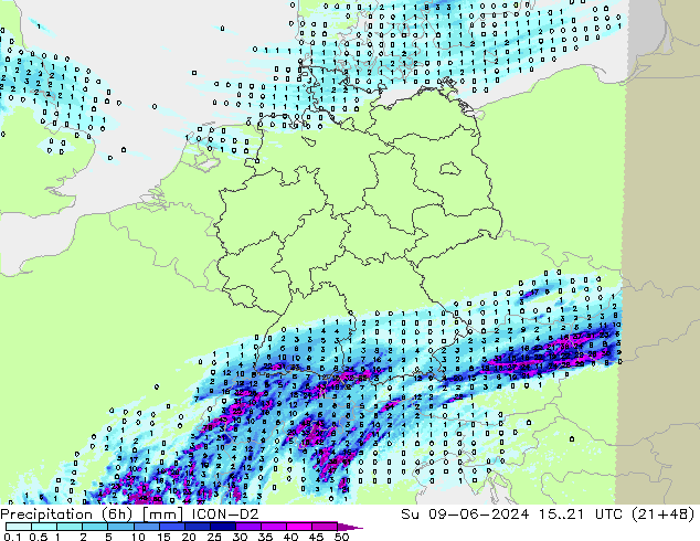 Précipitation (6h) ICON-D2 dim 09.06.2024 21 UTC