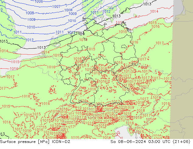 pression de l'air ICON-D2 sam 08.06.2024 03 UTC