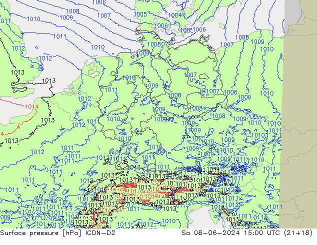 Presión superficial ICON-D2 sáb 08.06.2024 15 UTC