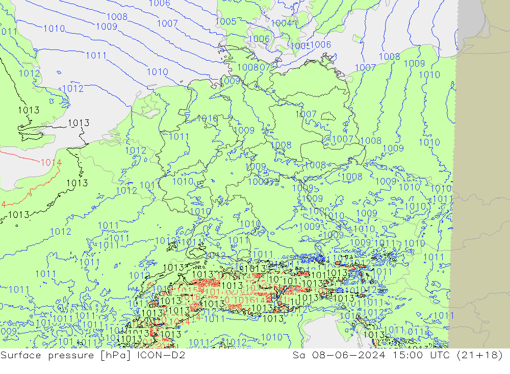 Atmosférický tlak ICON-D2 So 08.06.2024 15 UTC