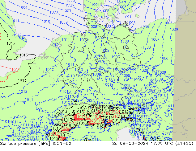 Atmosférický tlak ICON-D2 So 08.06.2024 17 UTC