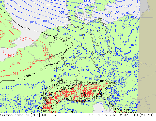 Presión superficial ICON-D2 sáb 08.06.2024 21 UTC