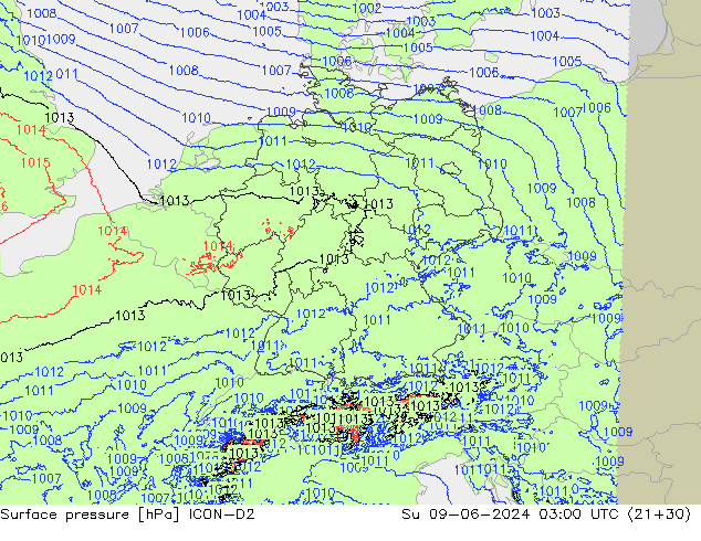 Pressione al suolo ICON-D2 dom 09.06.2024 03 UTC