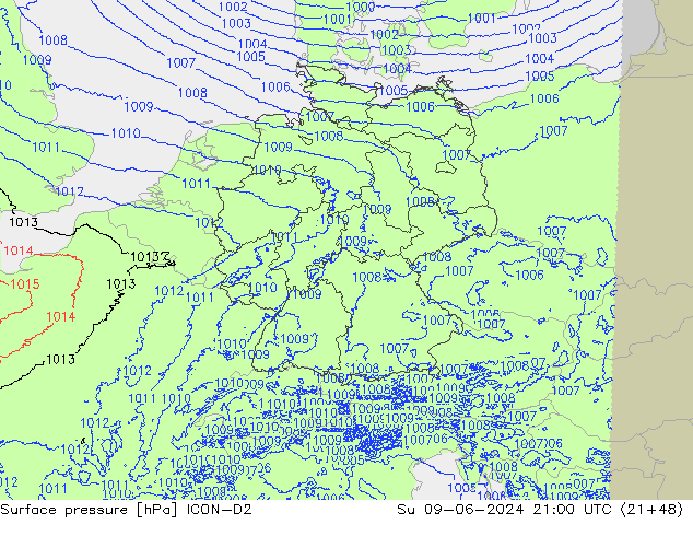 Pressione al suolo ICON-D2 dom 09.06.2024 21 UTC