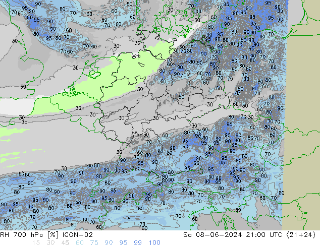 Humidité rel. 700 hPa ICON-D2 sam 08.06.2024 21 UTC