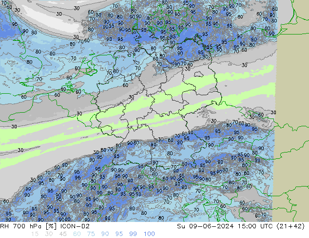 RH 700 гПа ICON-D2 Вс 09.06.2024 15 UTC