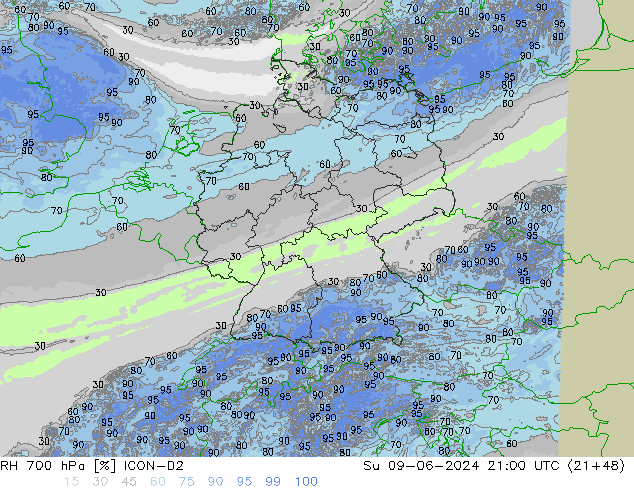 RH 700 hPa ICON-D2 nie. 09.06.2024 21 UTC