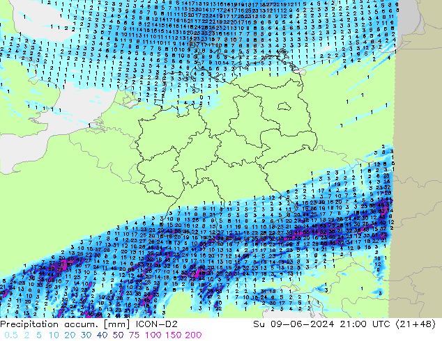 Totale neerslag ICON-D2 zo 09.06.2024 21 UTC