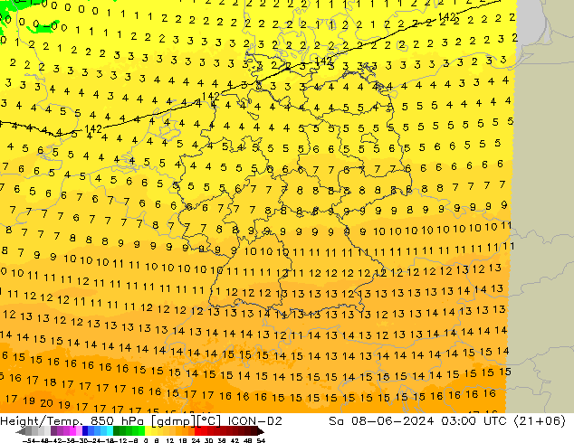 Height/Temp. 850 hPa ICON-D2 Sa 08.06.2024 03 UTC