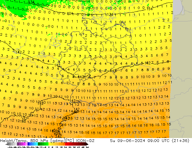 Height/Temp. 850 hPa ICON-D2 dom 09.06.2024 09 UTC