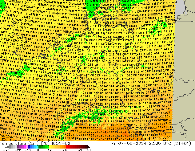 Temperature (2m) ICON-D2 Fr 07.06.2024 22 UTC