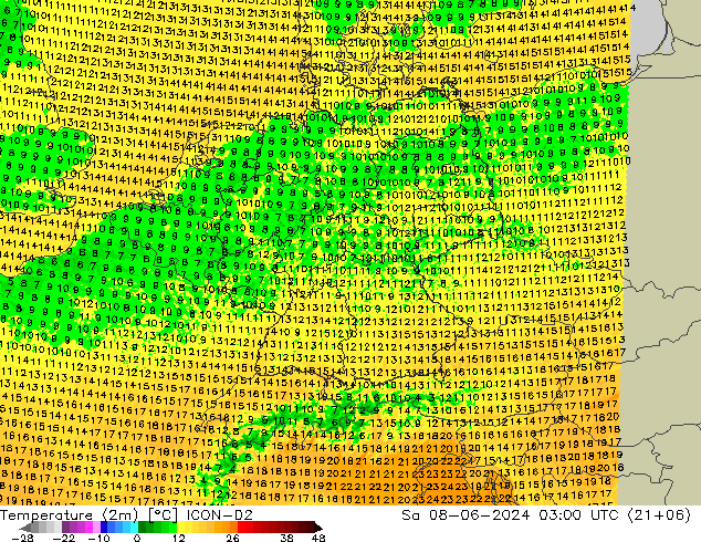 карта температуры ICON-D2 сб 08.06.2024 03 UTC