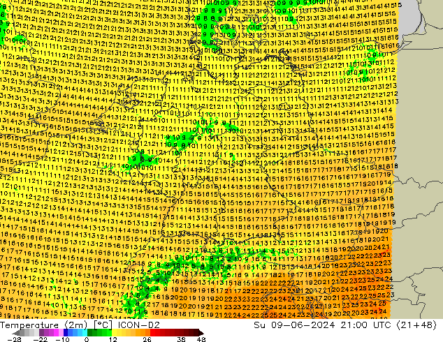 Temperaturkarte (2m) ICON-D2 So 09.06.2024 21 UTC