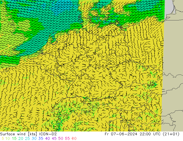 Surface wind ICON-D2 Pá 07.06.2024 22 UTC